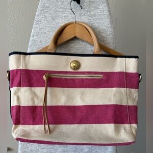 Striped Canvas Tote Bag in Fuchsia and Cream with Tan Handles